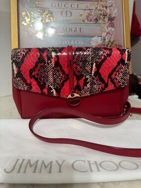Jimmy Choo Red Snake-Print Leather Crossbody Bag with Dustbag NWOT
